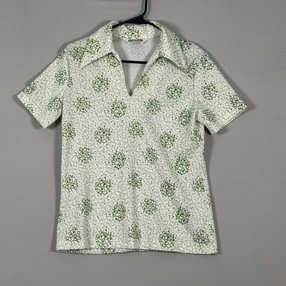 Devon Vintage 70s Top Womens Medium White Green Geometric Short Sleeve Good